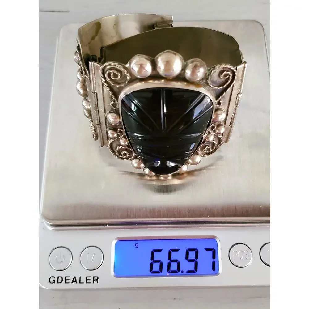 Vintage Large Silver Panel Onyx Mexico Panel Bracelet